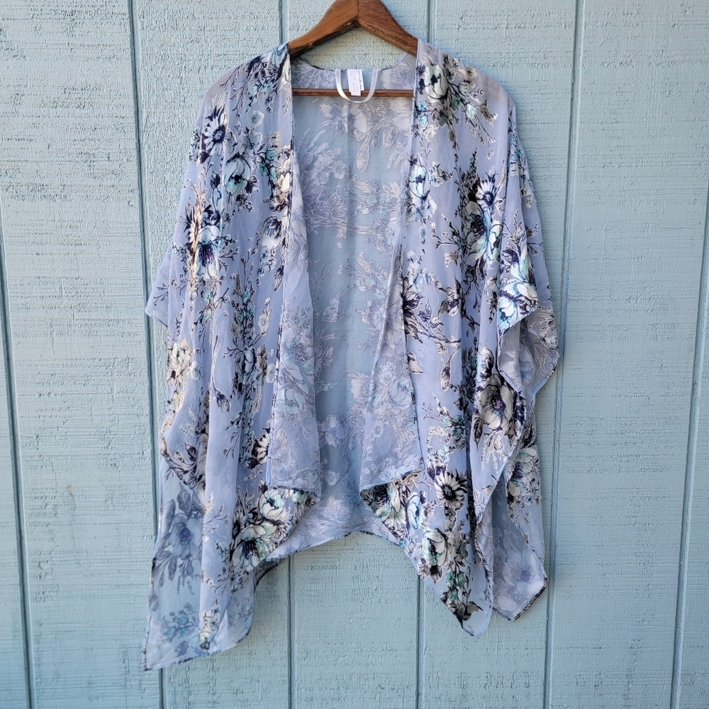 Lauren Conrad Silk Burnout Floral Sheer Kimono sz OS Blue Navy Boho Fairy Beach